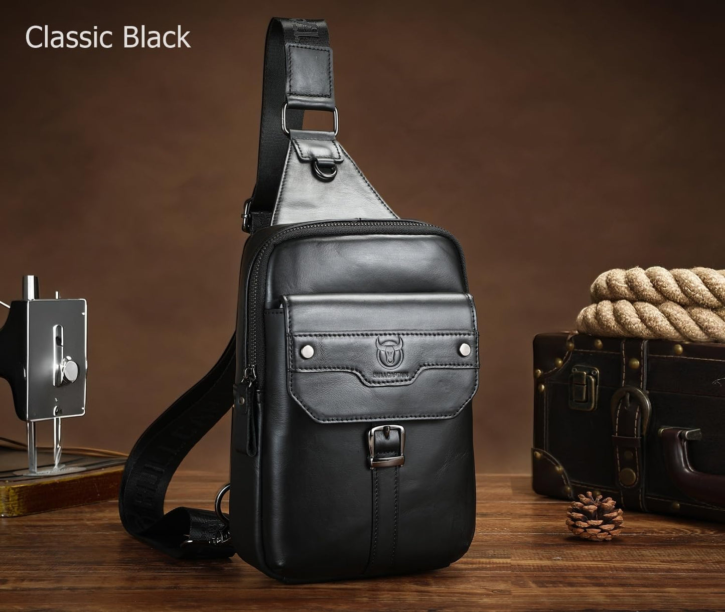 BULLCAPTAIN Men's Leather Samll Crossbody Backpack Sling Chest Bag for Hiking Travel (Black)