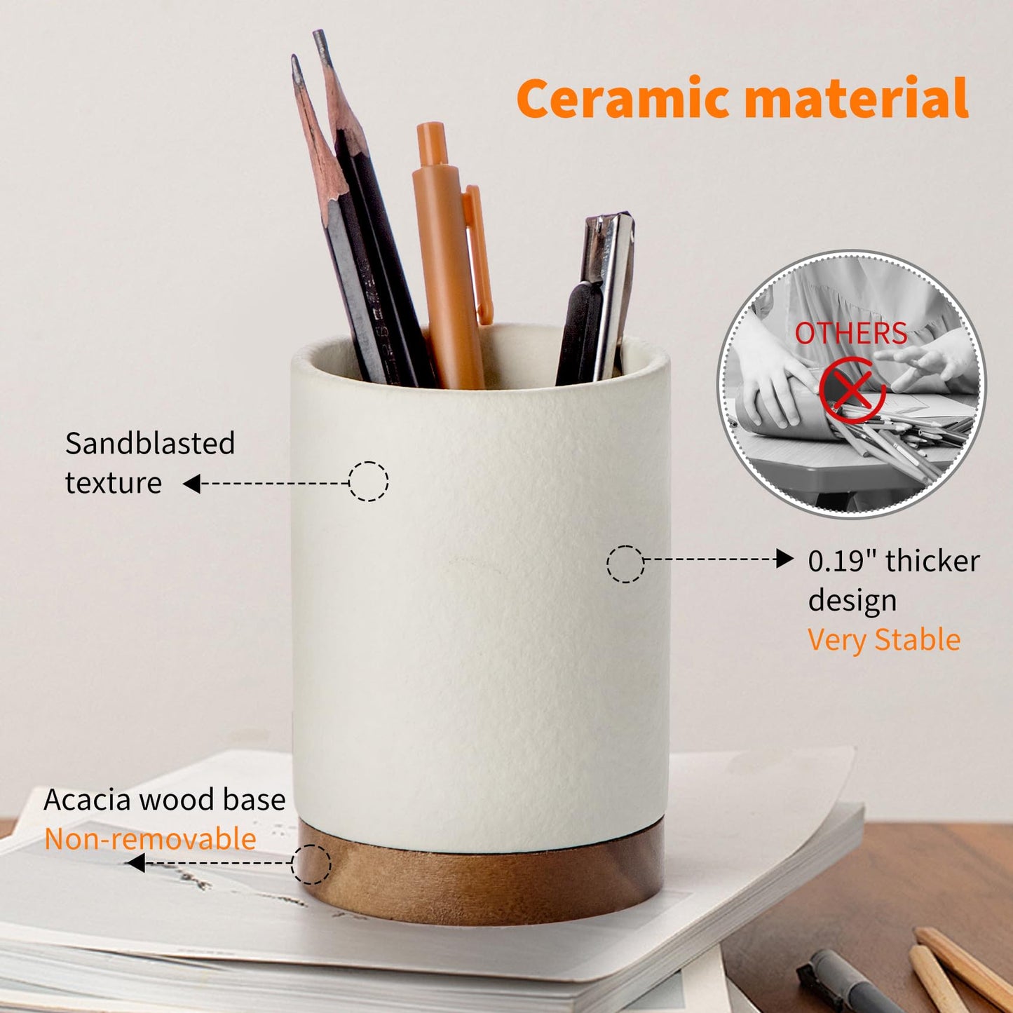 Pen Holder for Desk, Ceramic Pencil Organizer & Makeup Brush Holder, Office Decor and Desk Accessories，Perfect Office Organization,Teacher Supplies(White, Set / 2)