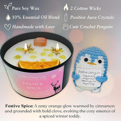 Moira's Bazaar Winter's Joy Gift Set – 16 Oz 50 Hr Scented Candle with Crystals & a Crochet Positive Penguin | Christmas, Holiday, or Motivational Gift, Artisanal Luxury Fragrances (Festive Spice)
