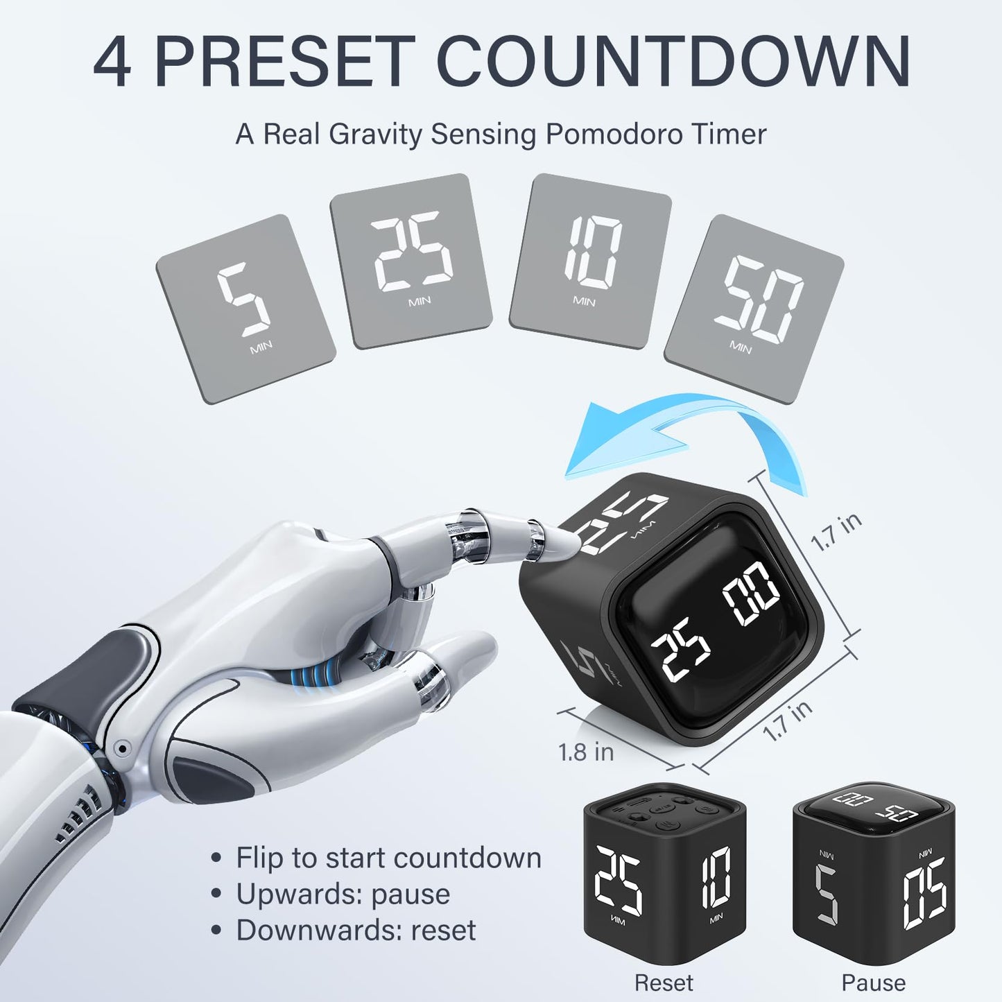 Rotating Pomodoro Timer 5, 25, 10 50 Minutes Preset, Desk Productivity Timer w/Gra vity Sensor, ADHD Tool Cube Countdown, Custom Modes, for Work, Study, Back to School, Kitchen, Black, 2 Pack