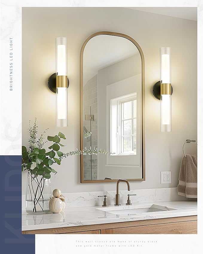 kudos Black and Gold Bathroom Sconces Wall Lighting, Bathroom Vanity Light, Modern Wall Lights with Clear Glass and Frosted Glass for Bathroom Bedroom Hallway, KDVL06-BG-2