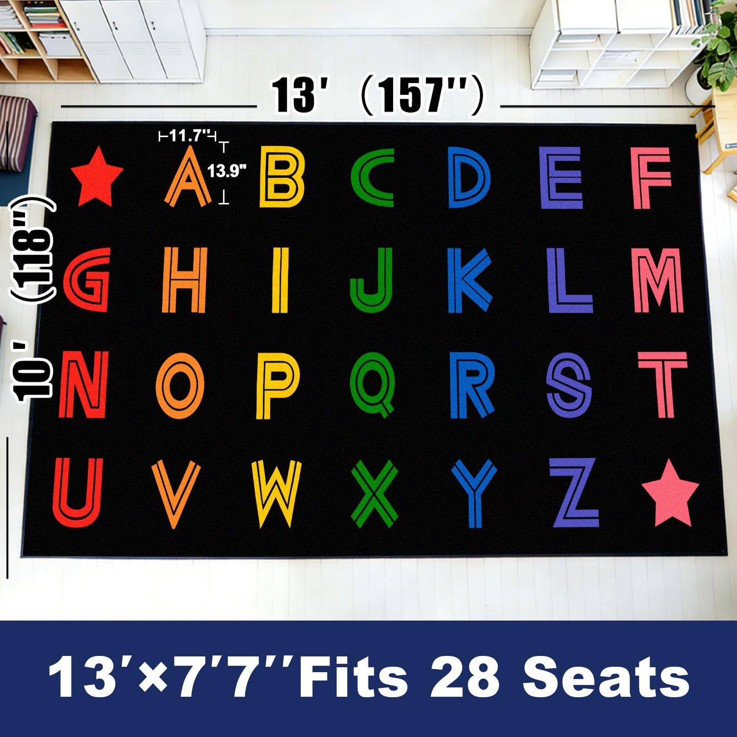 MAISONRINA Large Classroom Rugs Elementary 13'x7'7'', Black Alphabet Rug Classroom Carpet for Kids, Circle Time Carpet Educational Rugs for Daycare Preschool Kindergarten Playroom, Seats 28