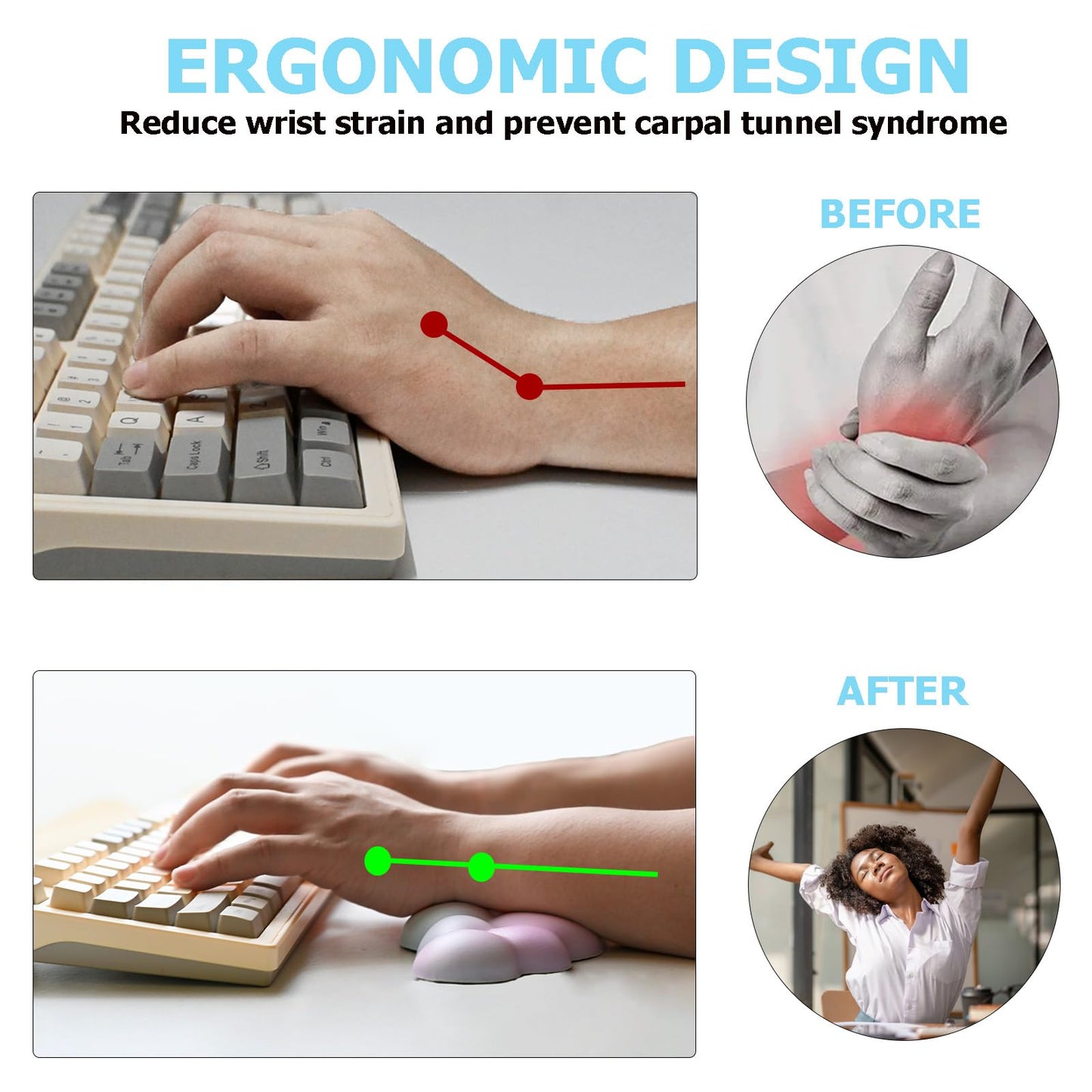 Cloud Wrist Rest Keyboard, PU Leather Memory Foam Wrist Support for Computer Keyboard, Ergonomic Keyboard Pad and Cute Mouse Wrist Pad for Gaming, Office, Computer, Easy Typing Pain Relief, Rainbow