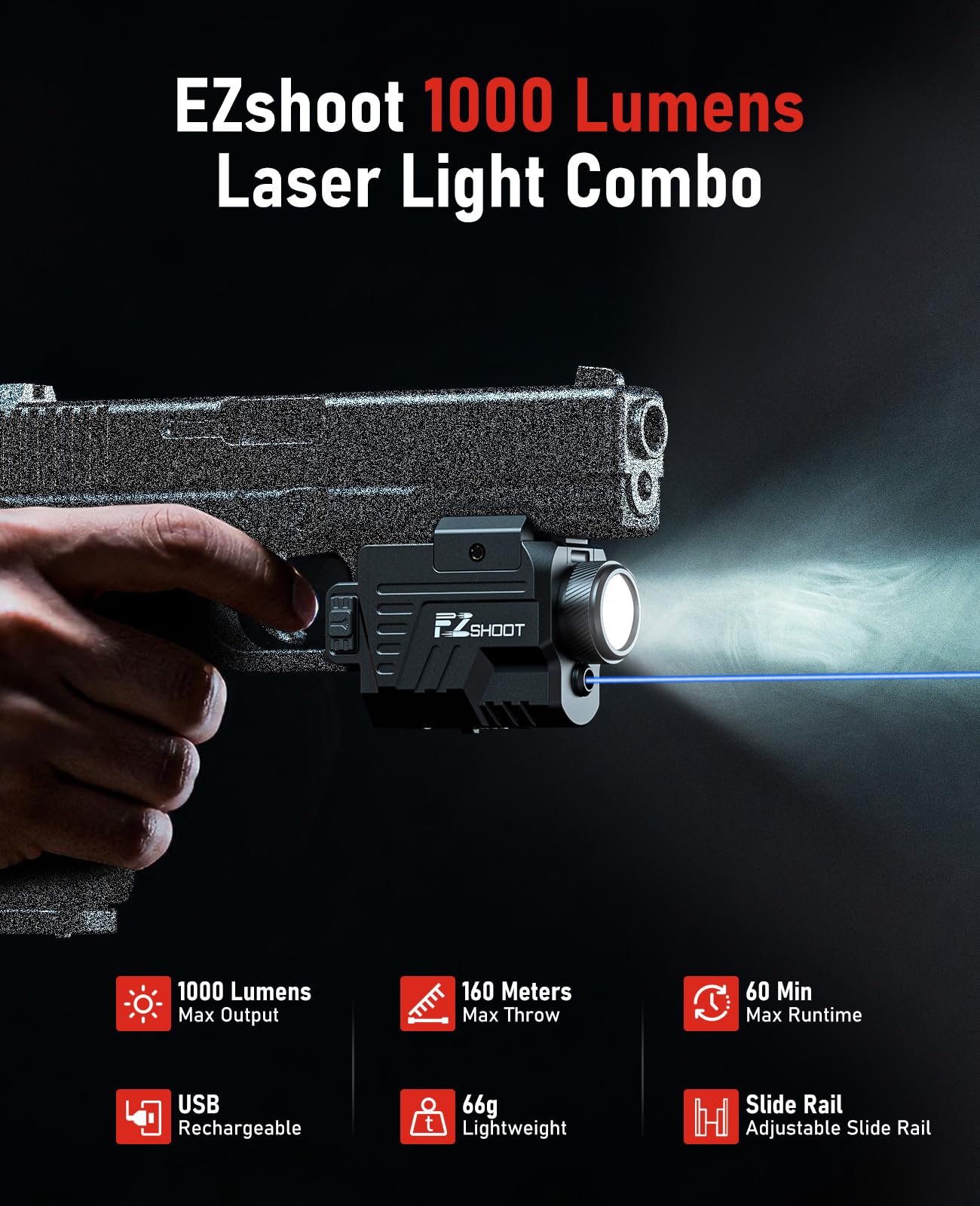 EZshoot 1000 Lumens Pistol Light Laser Combo - Rechargeable Gun Light with Slide Rail Compatible with Glock and Picatinny Rail, Pistol Flashlight with Blue Laser Beam for Home Defense,Range Training