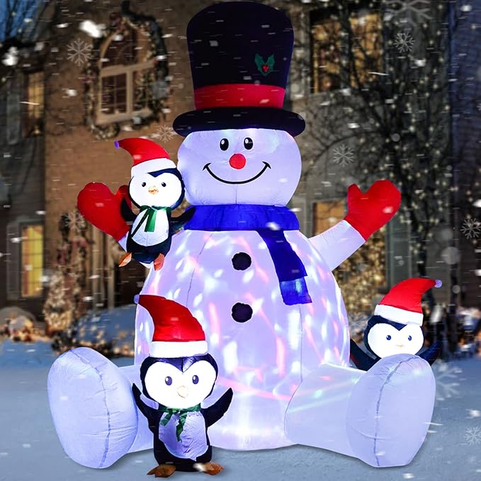 7ft Inflatable Christmas Snowman with Penguins, Rotating 7 Color Changing Led Lights and 3LED Lights Xmas Holiday Blow Up Family Party Decoration Yard Lawn Indoor Outdoor Inflatables