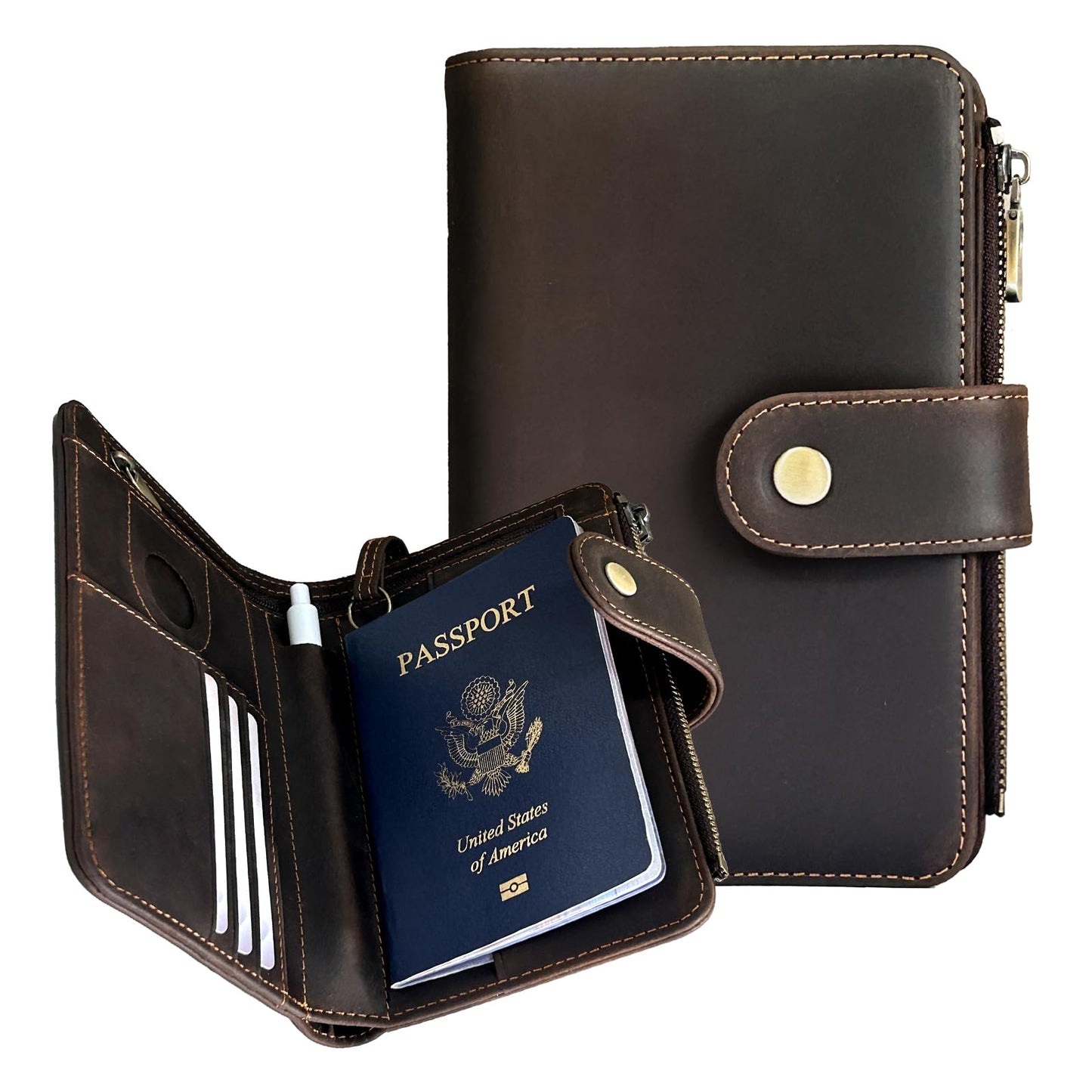 Genuine Crazy Horse Leather Passport Wallet, RFID Blocking Passport Holder with Tracker Slot, All in One Travel Wallet for Women/Men, Secure Passport Cover Case for Airport Essentials (Dark Brown)