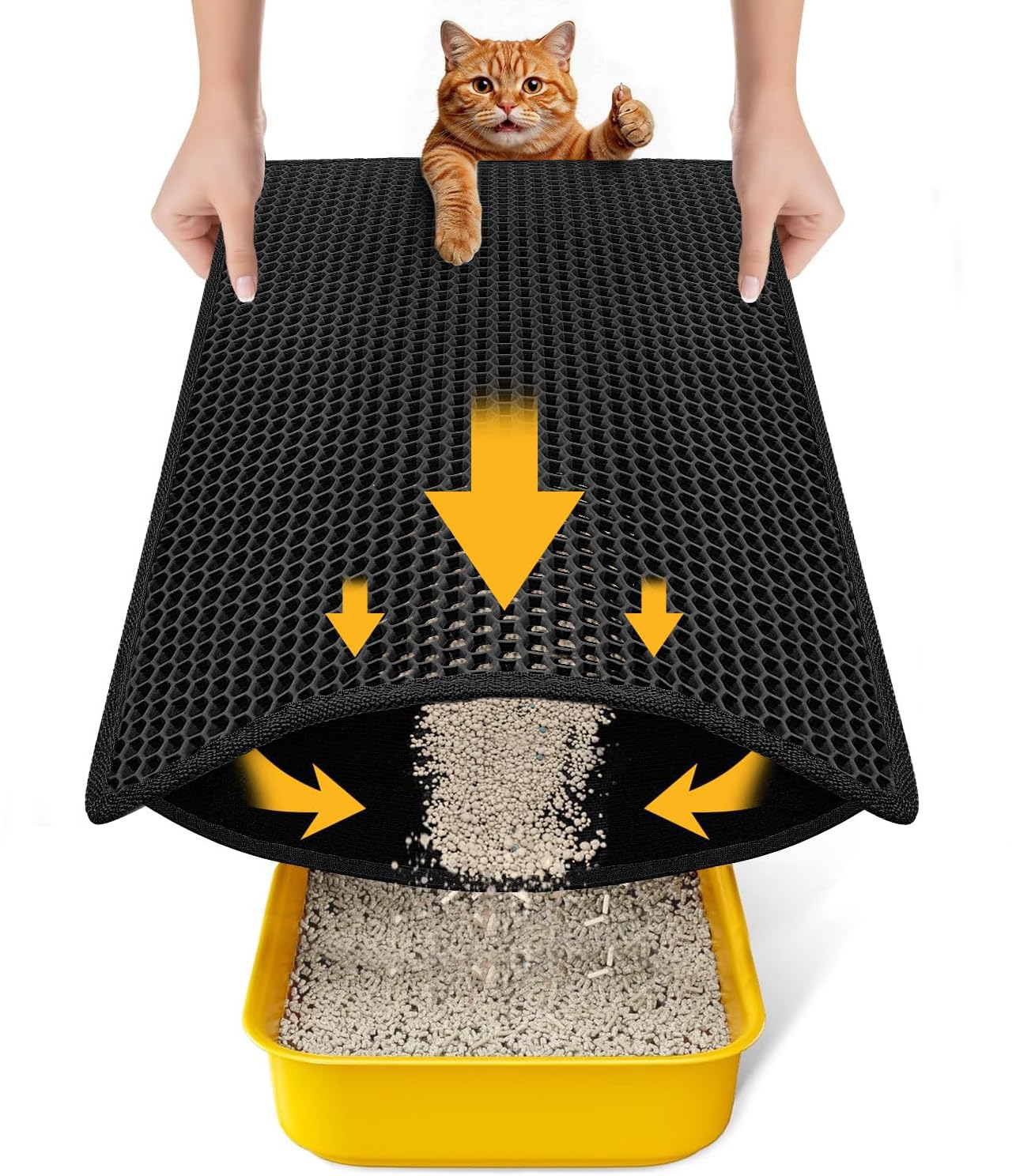 Cat Litter Mat Compact Size 23.6"x14.6" for Small Spaces, Upgrade Waterproof Leakproof Back Layer, Honeycomb Trapping Mat, Washable, Easy to Clean, Scatter Control Kitty Litter Matt, Black