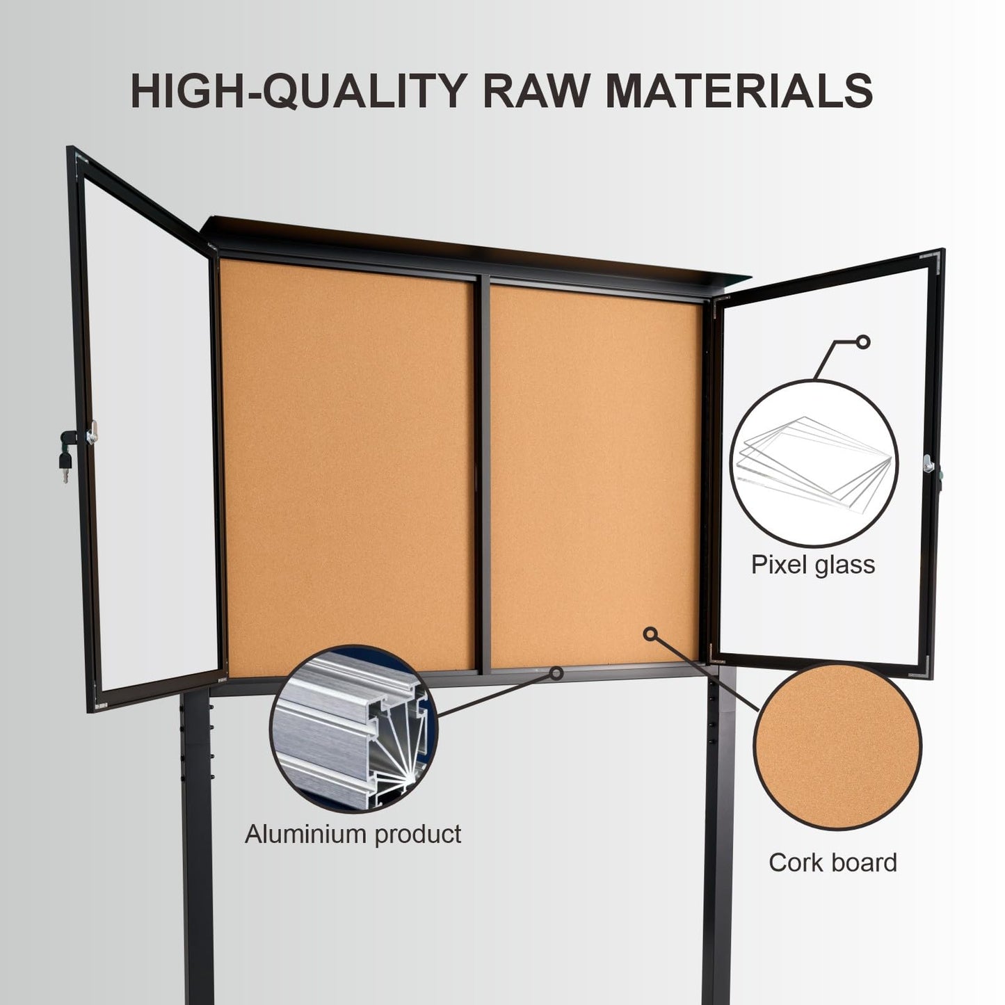 Standing Enclosed Bulletin Board 36”x48” Weather-Resistant Outdoor Noticeboard with Locking Doors，Community Sign with Metal Pole & Black Aluminum Frame & Cork Presentation Board