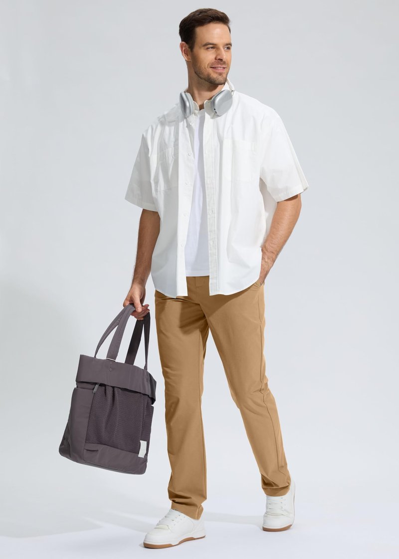 Pudolla Men's Golf Pants Work Dress Comfy Pants Casual Slacks Trousers with Pockets(Dark Khaki 28Wx30L)
