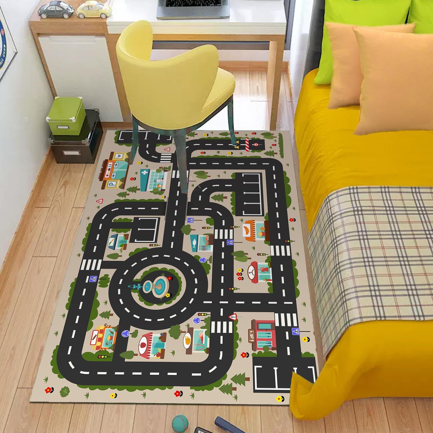 Analog ABC Kids Rug Playroom Car Play Mat City Life Road Rug for Cars Fun City Map for Carpet for Bedroom Boys (31 * 47 inches, Evening City)