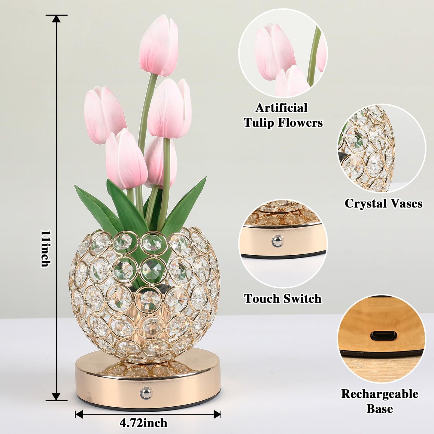 Birthday Gifts for Women Mothers Day Gifts/ for MomTable Lamp, 3 Color Crystal Flower Bedside Lamps Infinitely Dimming with USB Charge Small Night Light,Nightstand Touch Lamp for Bedroom (pink-tulip)