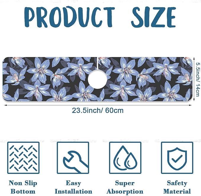 Blooming Lily Sink Splash Guard Faucet Mat Blue Lily Flowers Super Absorbent
