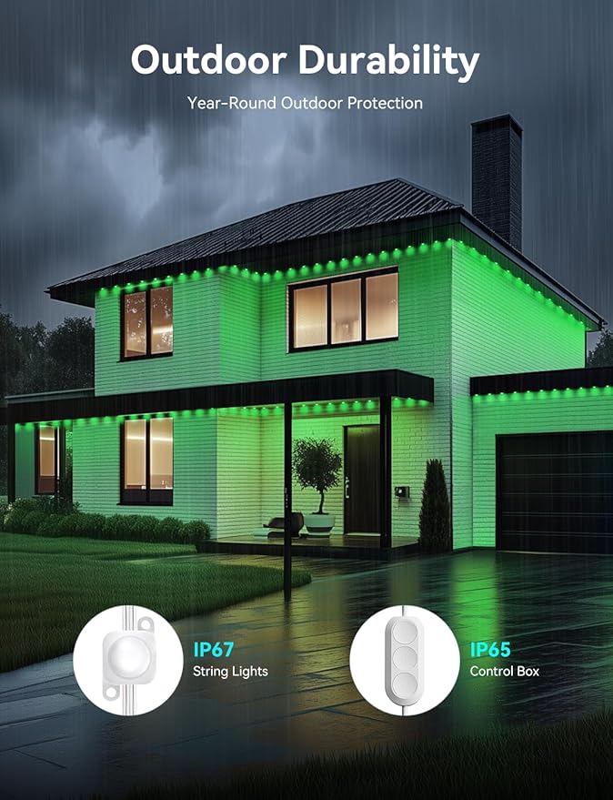 50FT Permanent Outdoor Lights, Smart RGB LED Lights Outside with DIY Colors Scene Modes, 25LED IP67 Waterproof Eaves Lights for Christmas Halloween Holiday Party Garden Daily Decorations