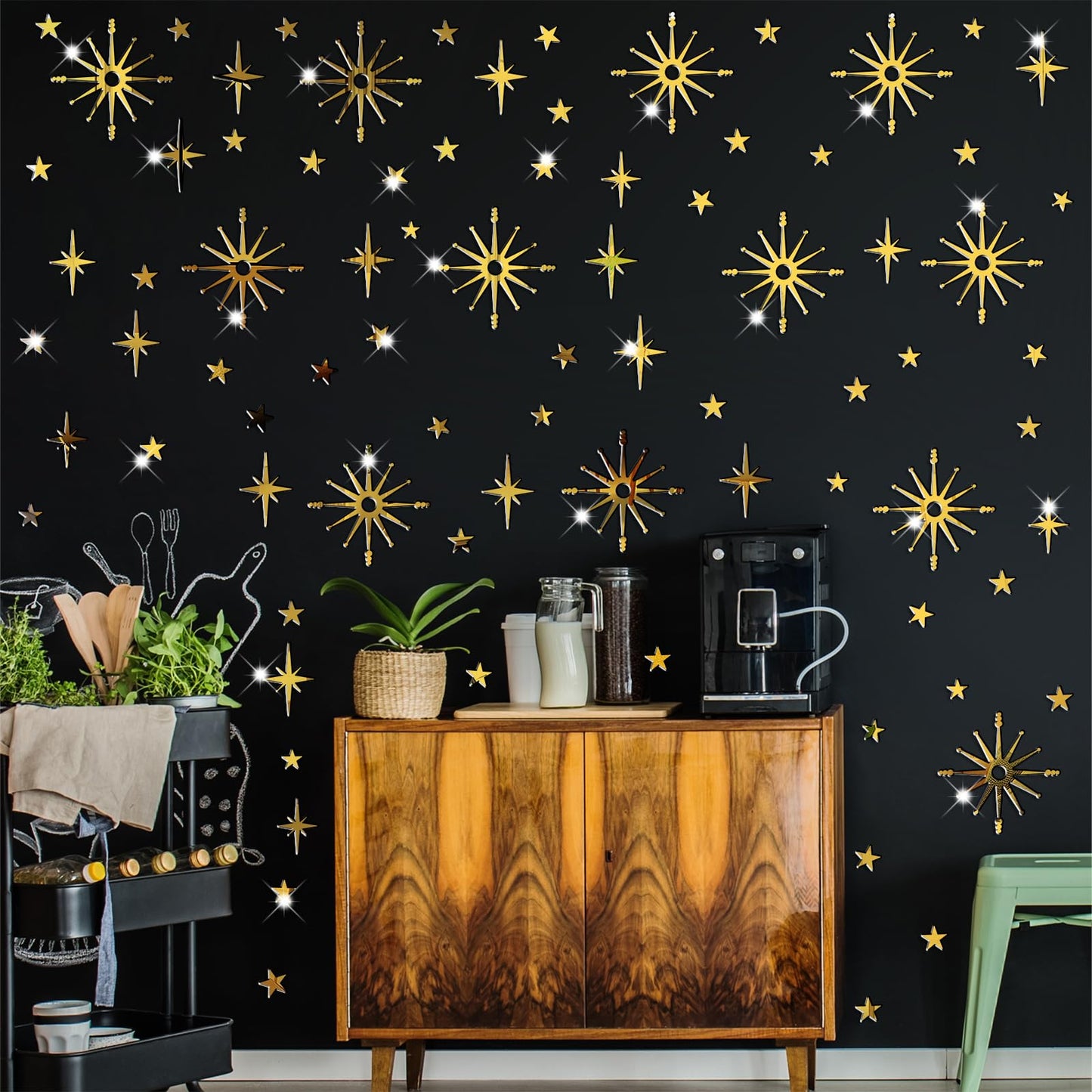 Star Wall Decals Gold Stars Stickers Ceiling Decor Removable Acrylic Mirror Decal Peel and Stick Sparkle Sticker for Wall 3D Midcentury Mirror Art Murals for Bedroom Living Room Nursery Decorations