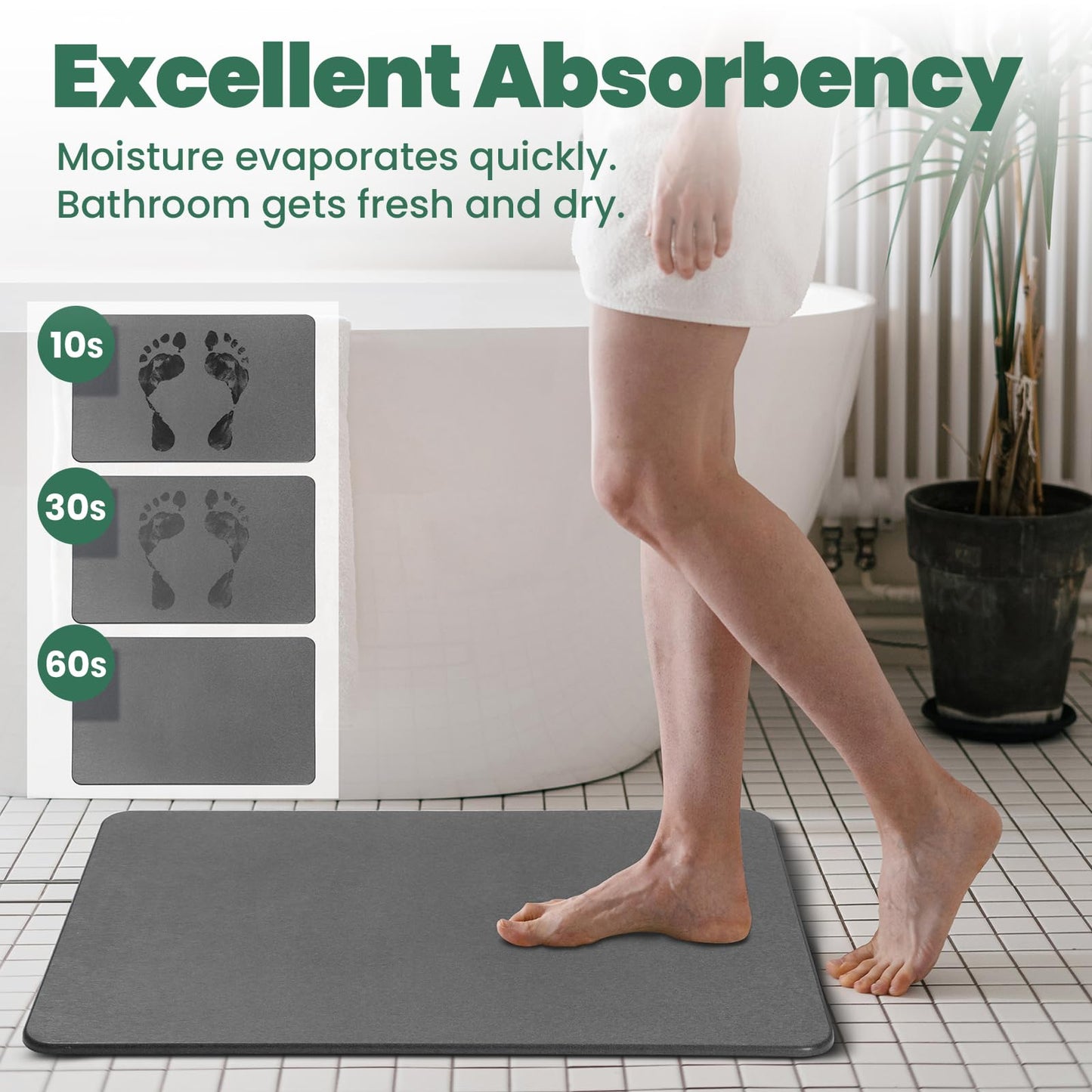 WALL QMER Stone Bath Mat, Diatomaceous Earth Shower Mat, Fast Drying, Super Absorbent, Anti-Slip Stone Bath Mats for Bathroom, Kitchen, Easy to Clean, (23.5"x15.5", Slate)