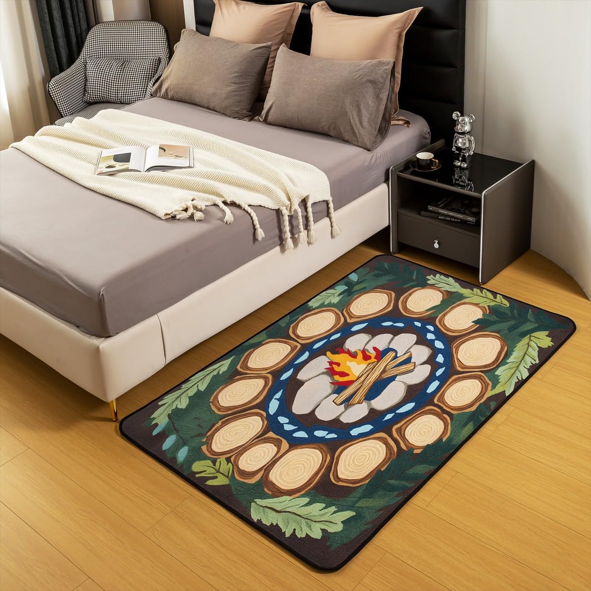 Feelyou Campfire Fun Living Room Rugs Tree Stump Area Rug 5x7 for Kids Boys Girls Woodland Tree Themed Decorative Carpet Campsite Summer Indoor Floor Mat Green Classroom Rug