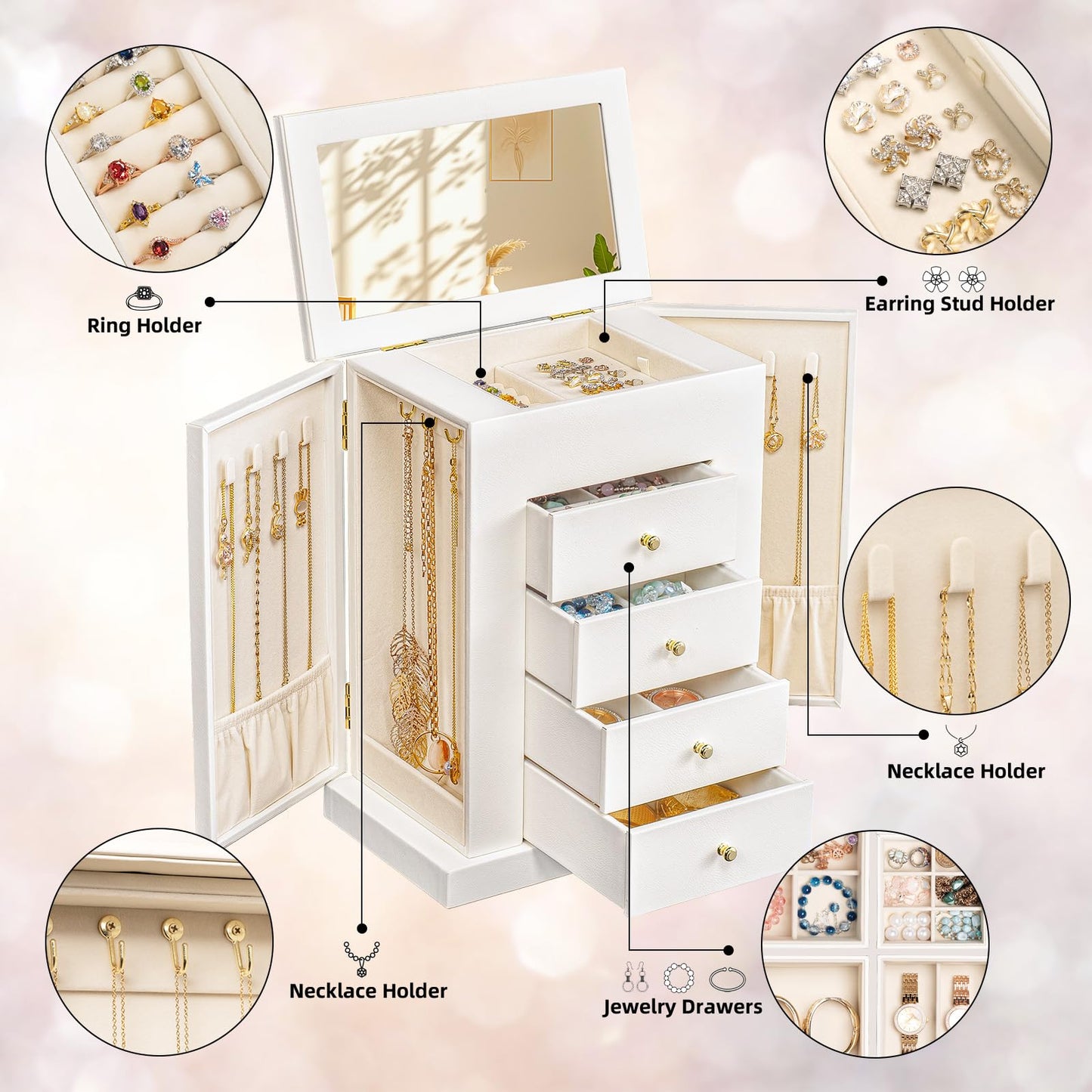 Emfogo Jewelry Boxes for Women, 5-Layer Large Leather Jewelry Organizer Box with Mirror and Drawers, Jewelry Storage for Necklaces Earrings Rings Bracelets (White)