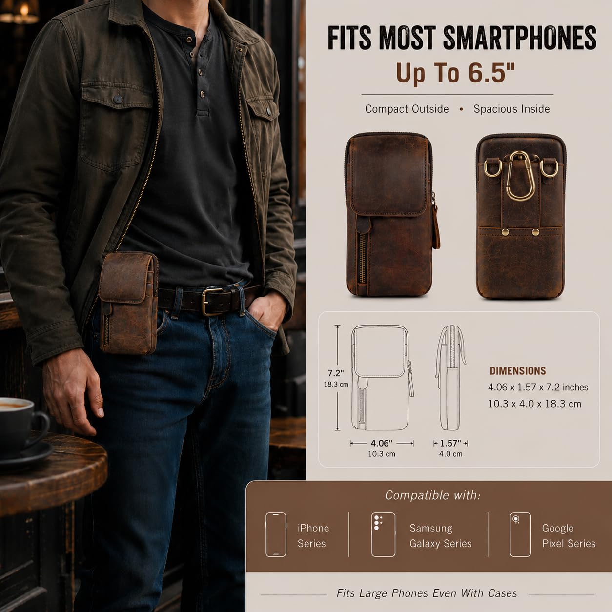 Hengwin Top Grain Crazy Horse Leather Phone Holster Waist Pouch with Belt Clip Belt Loop Shoulder Strap, Mini Crossbody Cell Phone Purse for Men, Belt Bag for Travel, Outdoor, Daily Use (Coffee)