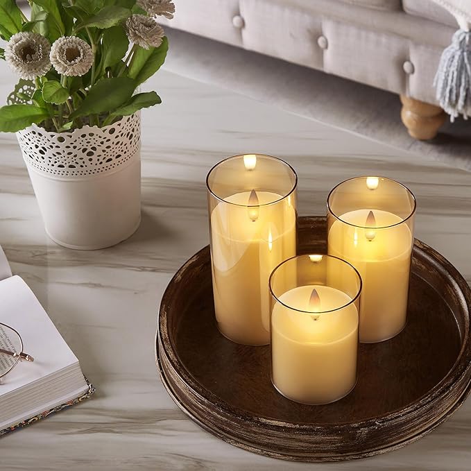 Glass Flameless Pillar Candles Flickering with Remote Timer, Battery Operated LED 3D Moving Flame Real Wax Candles,Remote Included (Champagne)