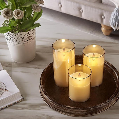 Glass Flameless Pillar Candles Flickering with Remote Timer, Battery Operated LED 3D Moving Flame Real Wax Candles,Remote Included (Champagne)