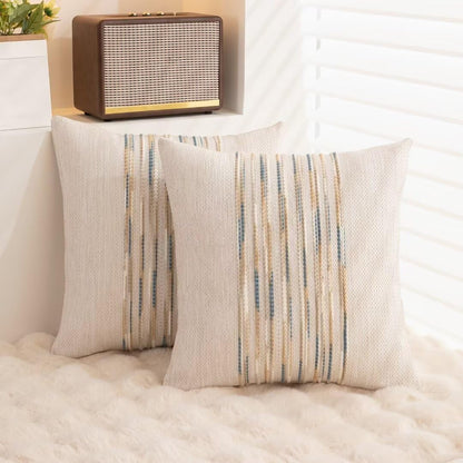 Boho Throw Pillow Covers 18x18 Set of 2 Farmhouse Decorative Cushion Case Striped Square Pillows Cover Chenille Pillow Cases Accent Neutral Pillowcase for Sofa Couch Bed,Sky Blue