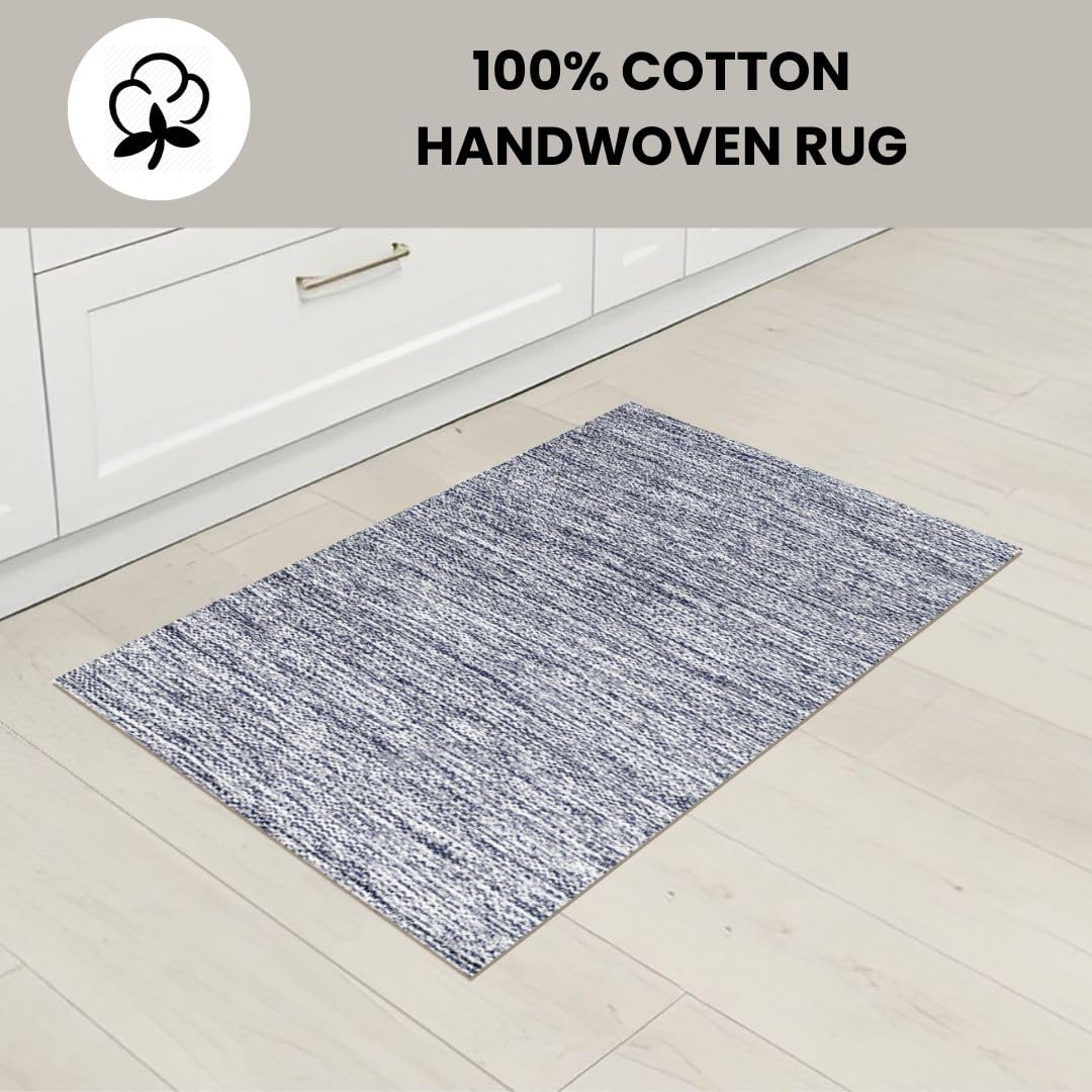 Threadvista Hand Woven Area Rug 2x3 Feet - Rustic Farmhouse Bohemian Accent Rug for Living Room Bedroom Kitchen Entryway Floor Mats Non Slip - Ideal for High Traffic Areas 100% Cotton Rug Blue