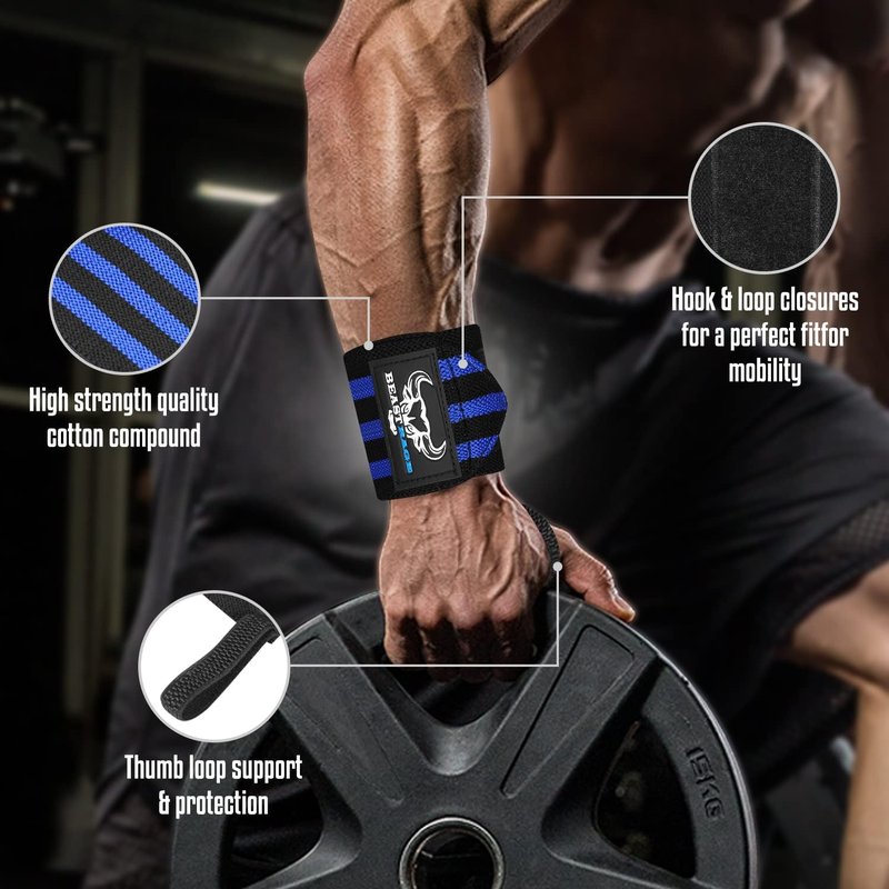 BEAST RAGE Wrist Wraps for Weightlifting - Adjustable Lifting Straps with Thumb Loop for Enhanced Support | Ideal for Powerlifting and Bodybuilding