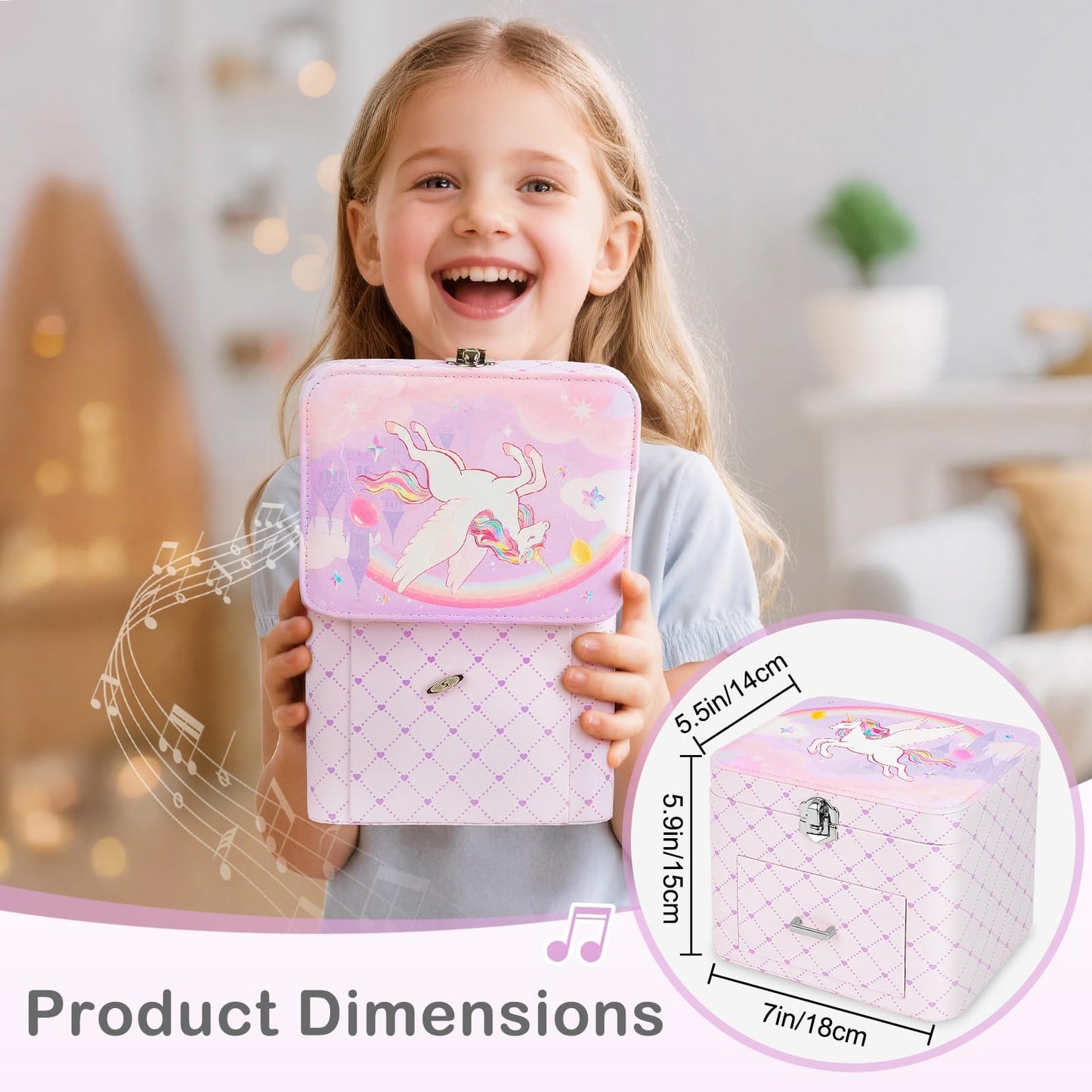 Basumee Musical Jewelry Box for Girls PU Leather Music Box with Drawer Large Kids Jewelry Organizer with Unicorn/Ballerina Jewelry Storage for Little Girls Ages 3–10, Birthday & Holiday Present