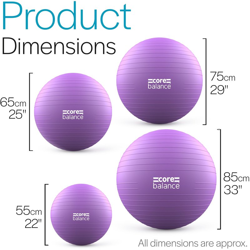 Core Balance Exercise Ball for Workouts, Anti-Burst and Slip Resistant, Swiss Yoga Ball for Pregnancy, Stability, Fitness and Physical Therapy, 4 Sizes, with Pump (29" / 75cm Purple)