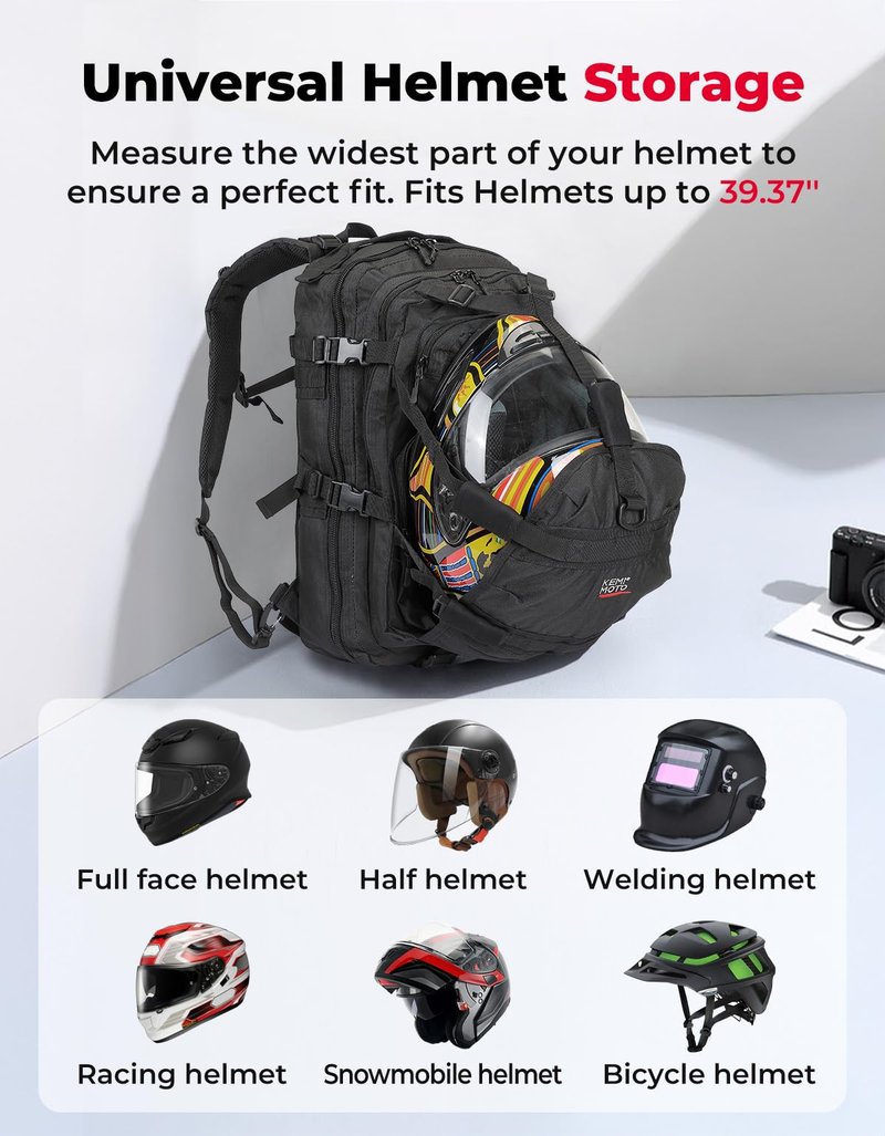 KEMIMOTO Motorcycle Helmet Backpack, 37L Large Capacity Helmet Bag with USB Charging Port, Riding Commuting Backpack for Men