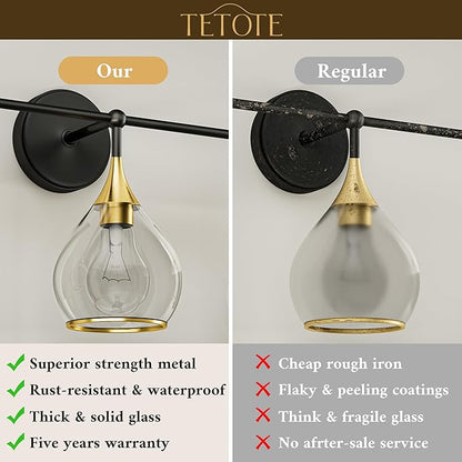 TETOTE 3-Light Modern Bathroom Light Fixtures, 3 Light Vanity Lights Over Mirror Black & Gold Wall Lamp with Clear Glass for Bathroom, Mirror, Living Room, Bedroom, Hallway