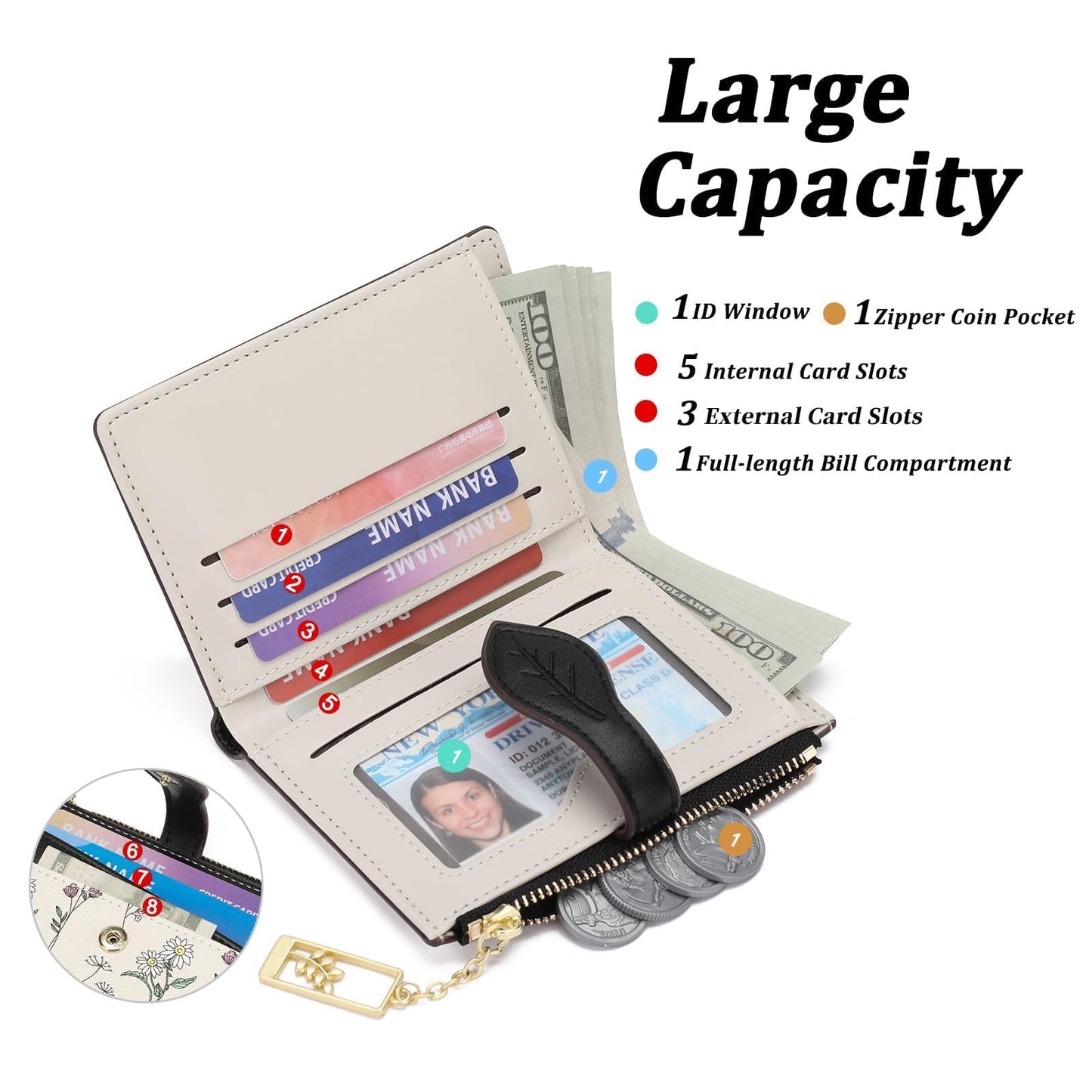 GAEKEAO Small Wallets for Women RFID Blocking Bifold Floral Vegan Leather Wallet Card Holder with Zipper Pocket ID Window