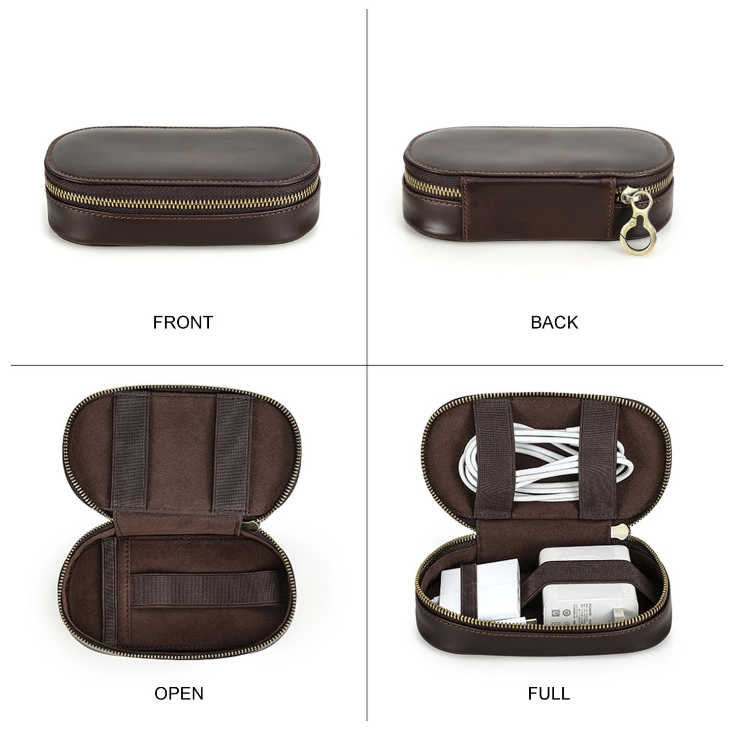 Hiram Handmade Full Grain Oil Bead Leather Tech Pouch – Digital Accessories Travel Case Portable Tech Organizer with Elastic Straps for USB Cables for Business Travel & EDC