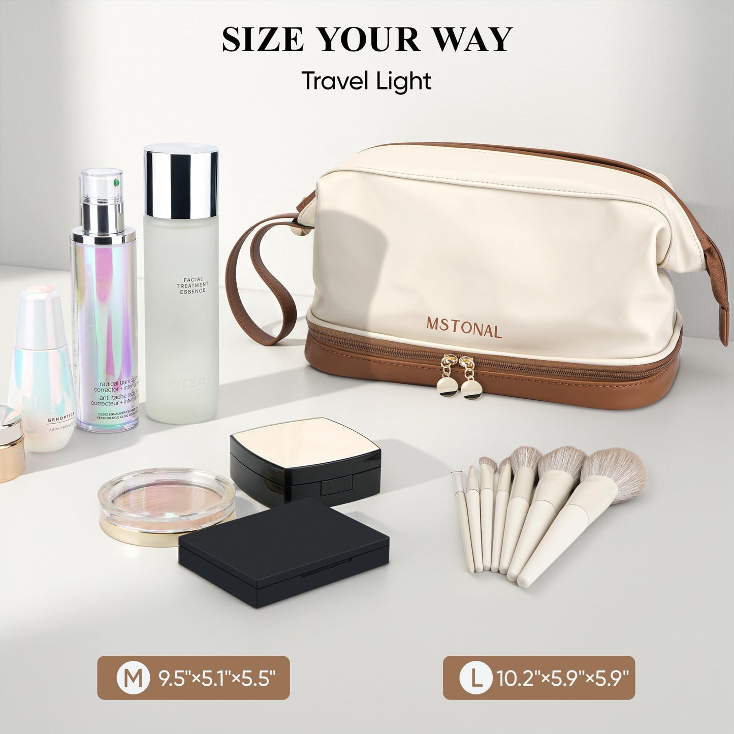 MSTONAL Travel Makeup Bag, Large Capacity Double Layer Cosmetic Bags for Women, Waterproof Portable Make Up Skincare Pouch with Makeup Brush Organizer, Toiletry Bag for Essentials, Beige & Brown