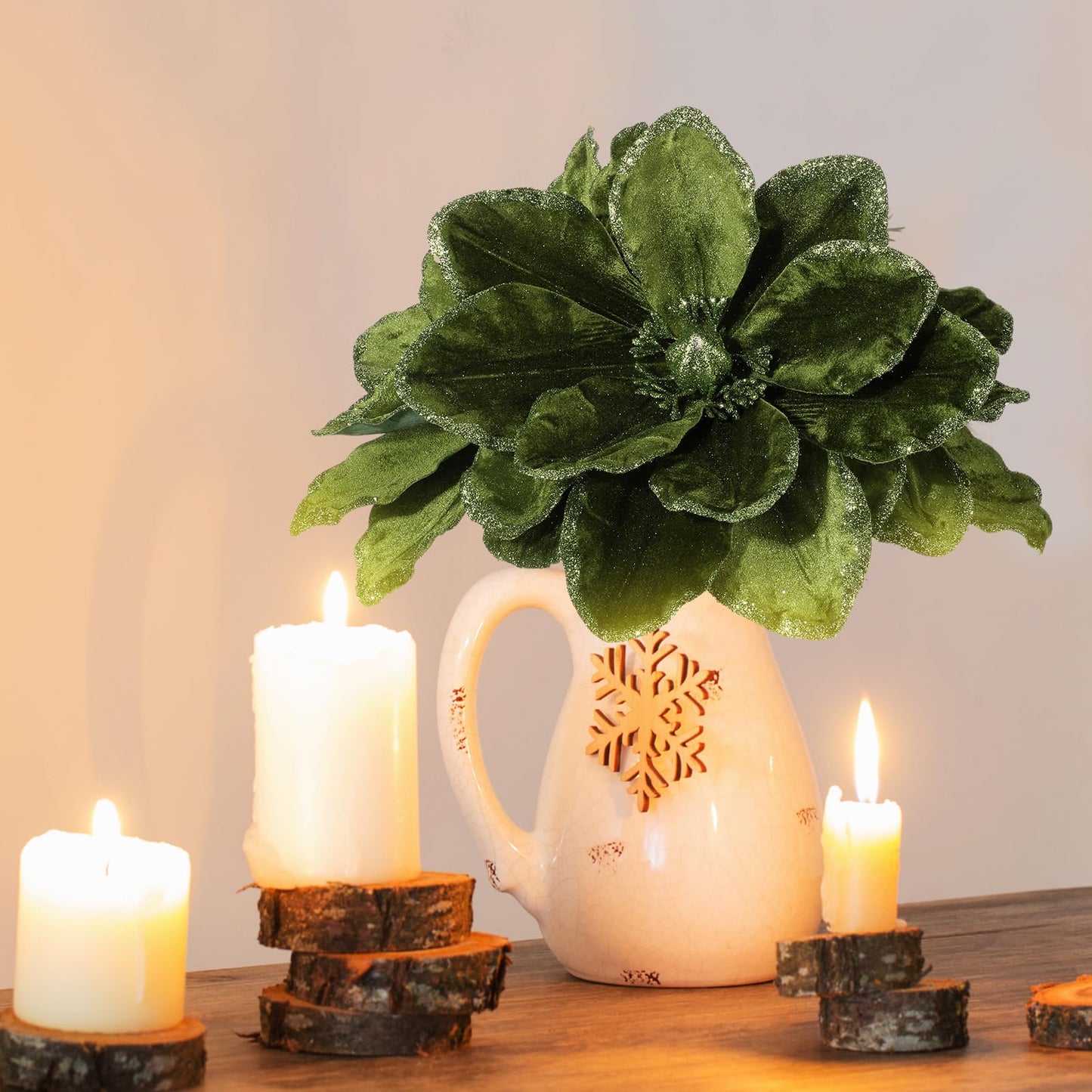 Thiccywoov 8 Pcs Large 12'' Christmas Flower Forest Green Magnolia Flowers Christmas Tree Decoration Artificial Poinsettia Stems Velvet Xmas Ornaments for Xmas Tree Table Decor