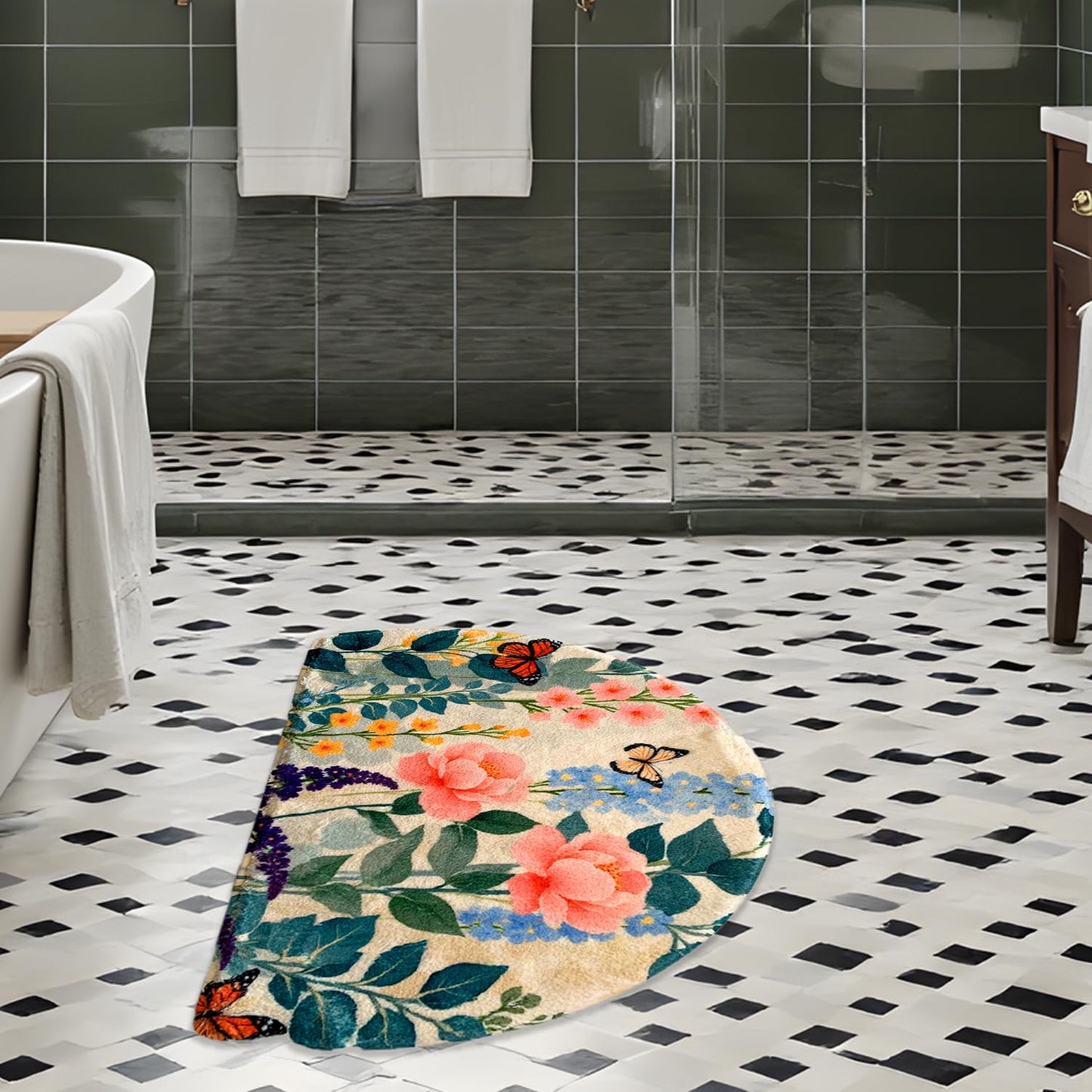 Half Round Butterfly Bathrug Doormat Outdoor Rug Non-Slip Bath Rugs Semi Circle Flower Bathroom Door Mat Welcome Mats Decor Floral Style Mats (Grass)