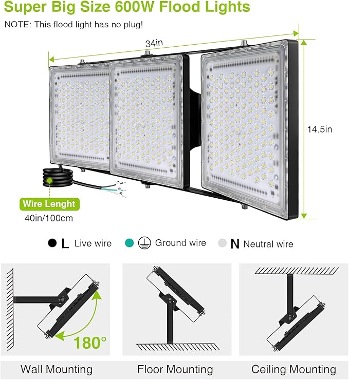 STASUN Flying Series Pro 600W 60000LM LED Flood Light Outdoor - IP66 Waterproof, 6000K Daylight White, 3 Panel Adjustable for Stadium, Arena, Yard, Street & Parking Lot Lighting