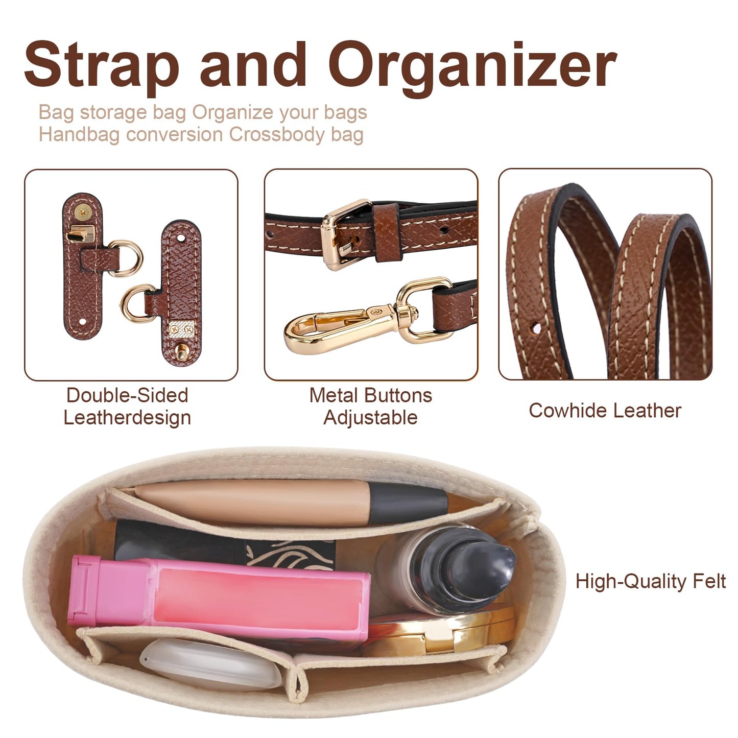 LOUKAYCCI 2 Kit Mini Bag Leather Shoulder Strap and Felt Purse Organizer Insert for Longchamp mini XS Bag Punch-Free Adjustable Buckle Design（Beige & Strap）