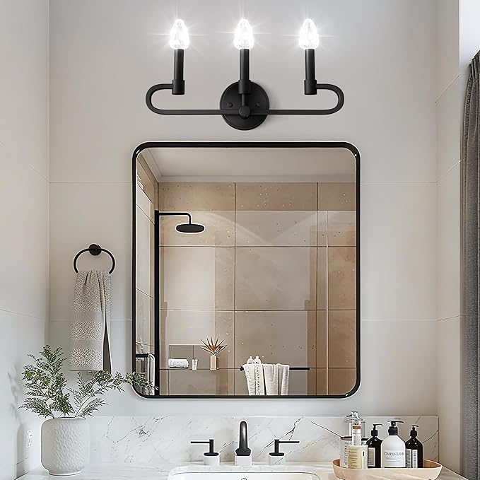 Farmhouse and Modern Bathroom Lighting Fixtures Over Mirror, 3 Light Matte Black Bathroom Vanity Lights, Crystal Bathrooms Wall Sconces(Includes Bulb)