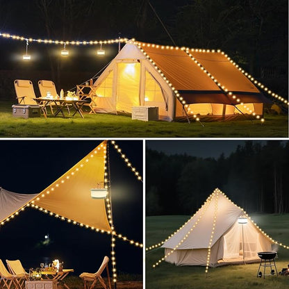Camping String Lights, 3 in 1 Outdoor Camping Light with 6 Lighting Modes, Quick Storage 32.8FT Rechargeable Tent Lantern, Portable LED Hanging Light for Outdoor Patio Awning Garden Party