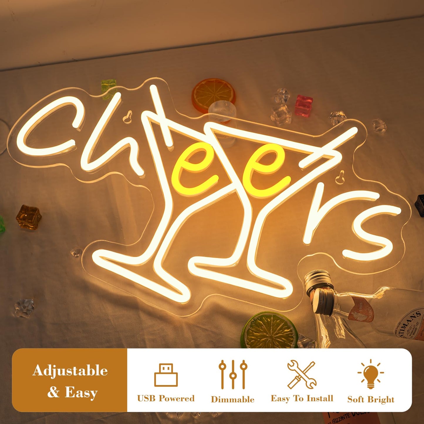 WX&YH Cheers Neon Sign Cocktails Bar Led Sign Cheers Neon Signs for Wall Decor Cocktails Glass Neon Lights Signs for Home Pub Party Club Restaurant Shop Bar Lights Decor Gifts