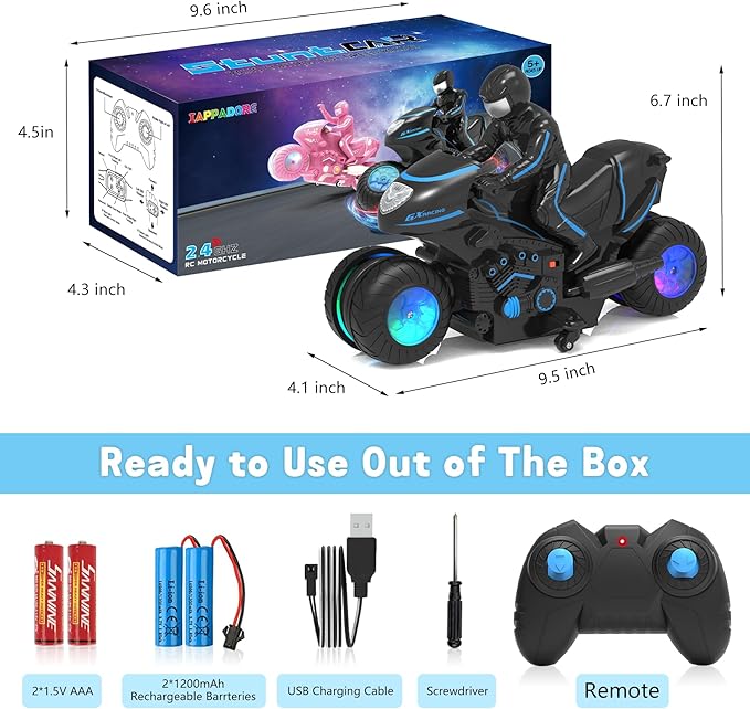 RC Motorcycle Remote Control Motorcycle with RGB Wheels Lights - 360-degree Rotations Drifts High-Speed RC Car Dirt Bike Toy for Boys 4-7 8-12 Years Kids