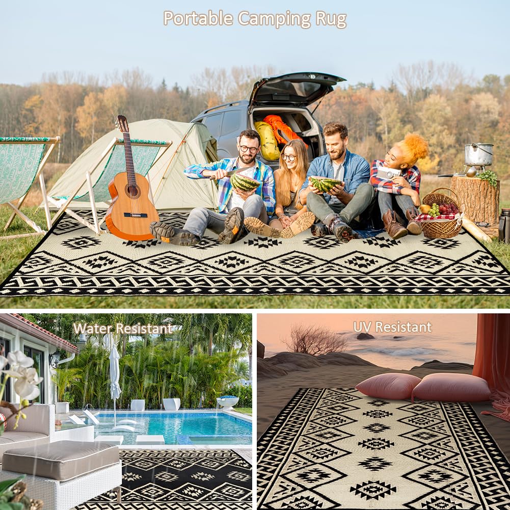 LILIOFFIC Outdoor Rugs - Outdoor Rug 8x10 Patio Rug Plastic Straw Rug Clearance Waterproof, Large Outdoor Area Rug Carpet for Outside, RV, Deck, Picnic, Beach, Camping, Black & Beige