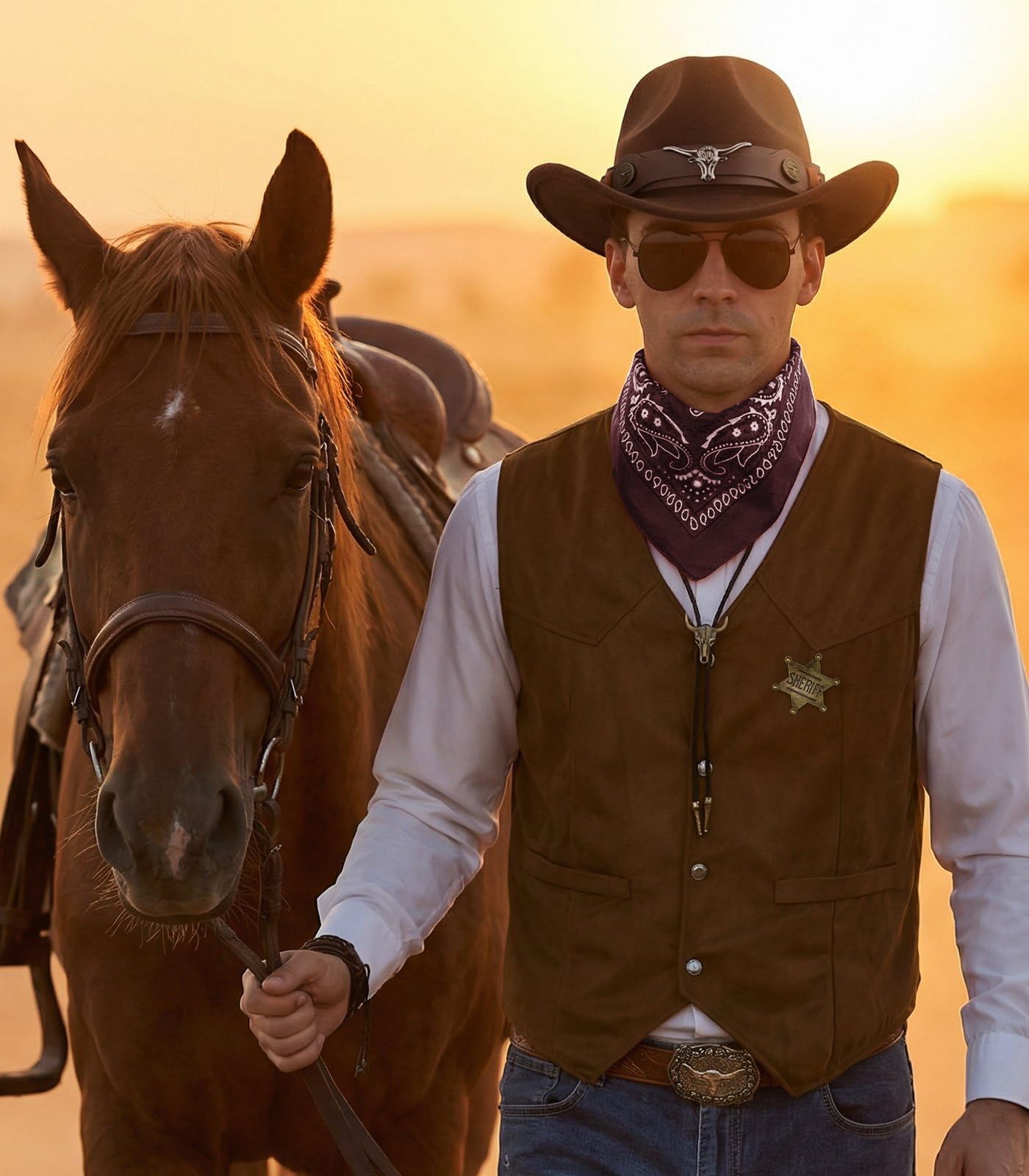 8 PCS Men’s Western Cowboy Costume Set with Cow Vest & Hat Retro Accessories Halloween Party Cosplay Darkbrown-L