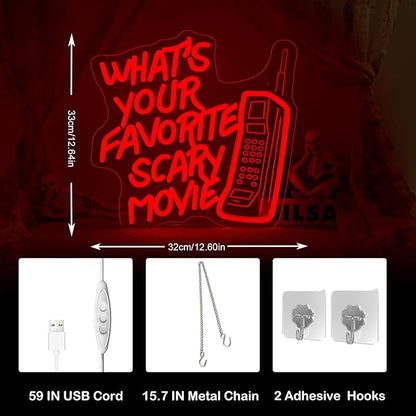 What’s Your Favorite Scary Movie Neon Sign – Red LED Wall Light with Retro Phone Design – Horror Movie Night & Halloween Party Décor