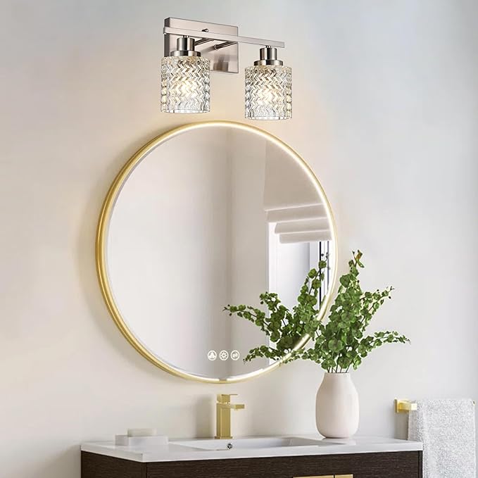 MELUCEE 2-Light Wall Sconce Lighting with Hammered Glass Shade, Brushed Nickel Bathroom Lights Over Mirror, Modern Vanity Lighting Fixtures for Porch Entryway Stair
