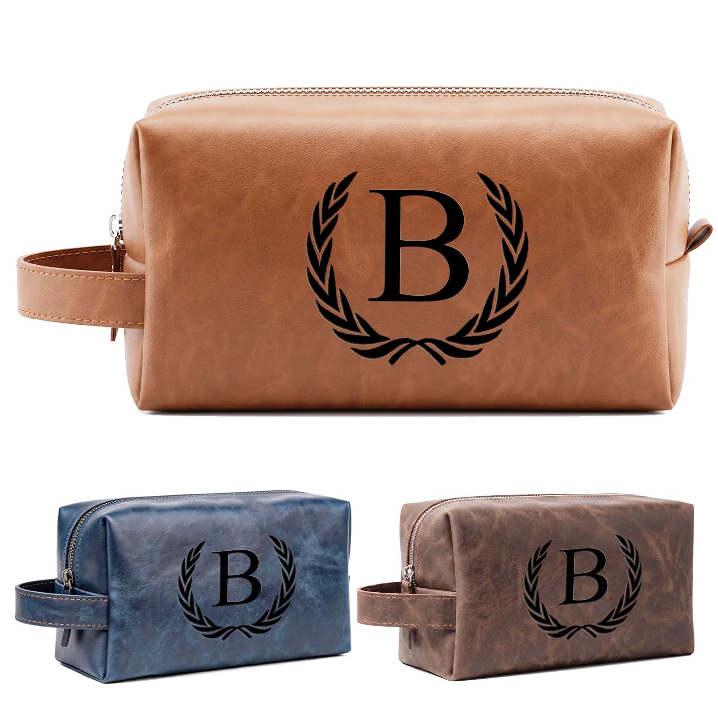 XUMGCUTM Personalized Leather Toiletry Travel Bag for Men Custom Christmas Birthday Gifts for Men Groomsmen Dad Husband Boyfriend Engraved Initial Waterproof Shaving Bags(B, Light Brown)