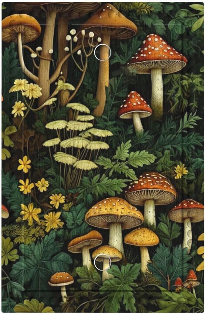 Mushrooms Forest Nature Botanical Art Light Switch Covers No Device Wall Plate 1 Gang Decorative Blank Switchplate Electrical Faceplate for Farmhouse Living Bedroom Decor