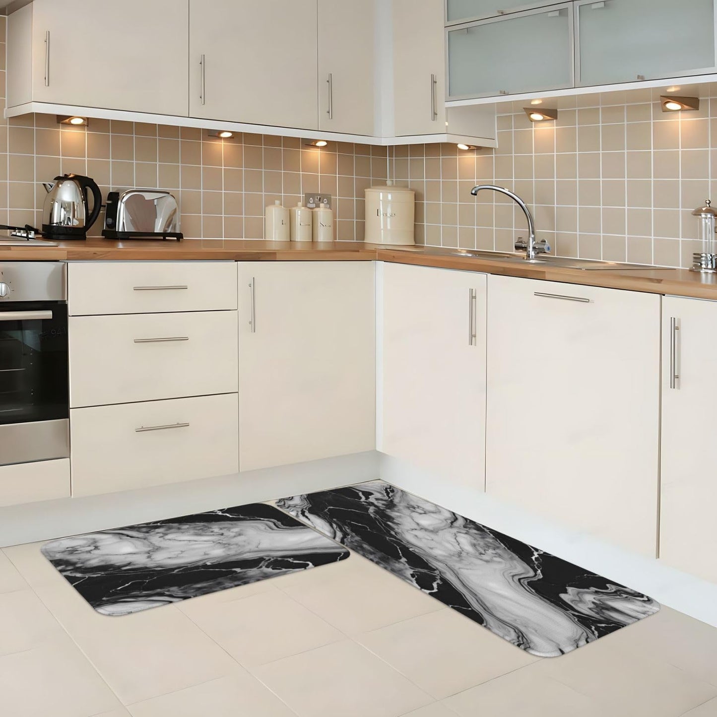 Sovvin White and Black Marble Texture Kitchen Rugs Microfiber Floor Mats Marbling Cushioned Carpet Runner Rug for Laundry Bathroom Living Room, 2 Piece Set 17"X 47" + 17"X 30"