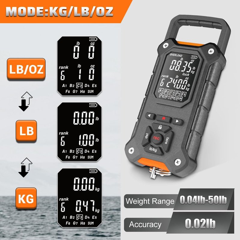 SNAIL TRAIL 8 Storage Bins Digital Fishing Scale & Lip Gripper with Auto-Rank, Large & High Contrast Backlit LCD Display, Multi-Mode(LB, LB-OZ, KG), 50 lbs Tournament Bass Fish Weigher, Gift for Men